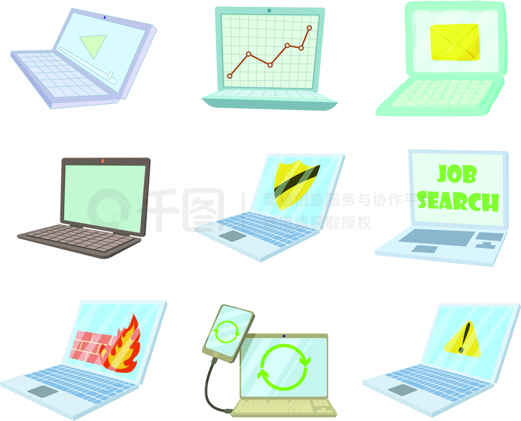 卡通风格笔记本电脑图标集 网络设计中的矢量动画魅力